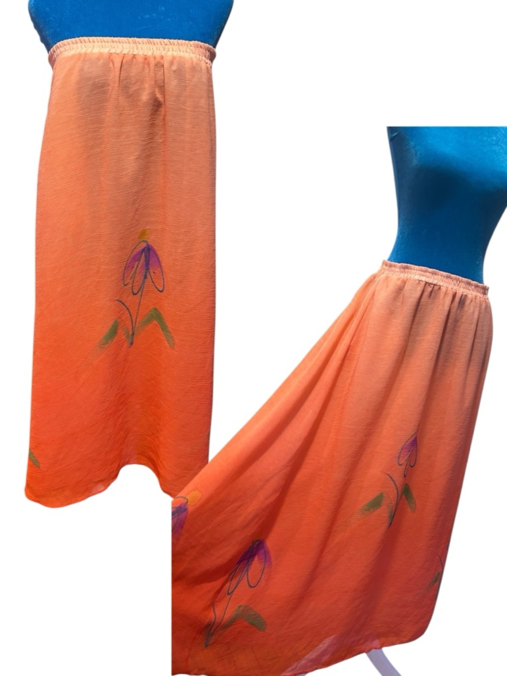 Vintage 90s Stephanie Thomas Peach Strapless Dress Boho Midi Skirt